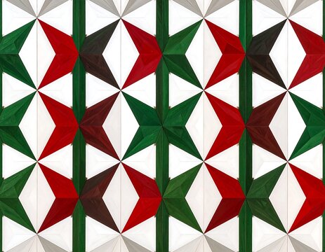 A colorful geometric pattern with triangles in red, green, and white