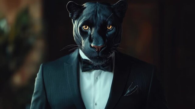 Mysterious man dressed in a black tuxedo and cat mask, standing in the spotlight. His eyes are glowing, adding to his intriguing persona.
