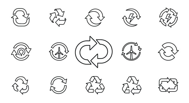 Recycling and Renewable Energy Icons Set: Sustainable Eco-Friendly Line Art Symbols