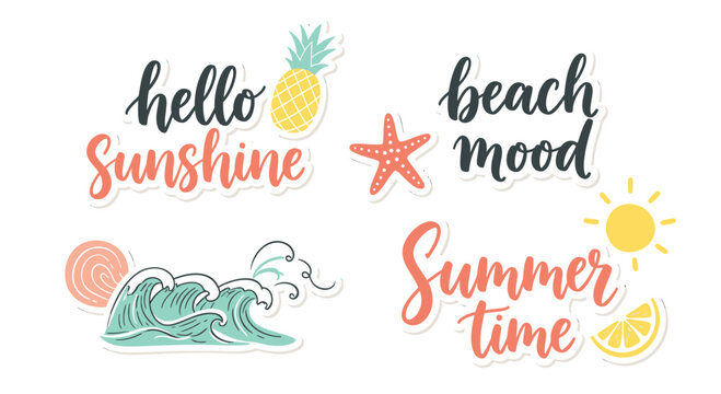 Summer beach stickers, sunshine icons, tropical wave graphics, hello summer time labels