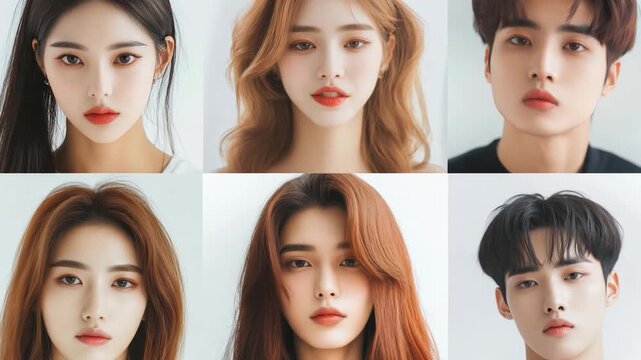 Diverse faces of young asian men and women, displaying various expressions in a well lit studio setting, collage