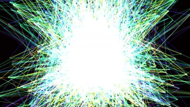 3D data network violently distorts into a red and yellow alert state before resetting. Represents algorithmic volatility and a high-frequency trading flash crash. Great for fintech pitch decks.