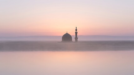 Fototapeta premium Serene Mosque Silhouette at Sunrise with Hazy Atmosphere.