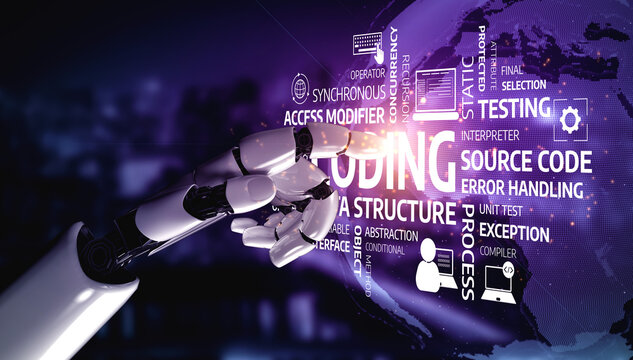 A futuristic robotic hand interacts with visual coding concepts and digital elements, symbolizing advancements in technology and programming in a virtual workspace. Tessel
