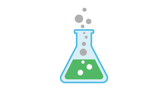Colorful vector graphic illustration of a conical flask with green liquid and rising bubbles