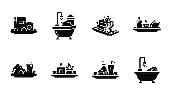 Set of 8 Black Silhouette Bathtub Tray Vector Icons