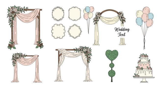 Assorted set of elegant wedding decorations including floral arches, pastel balloons, a three-tier cake, and decorative frames.