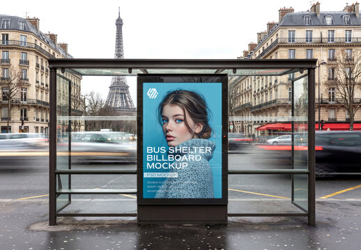 Billboard Bus Shelter In Paris City Mockup