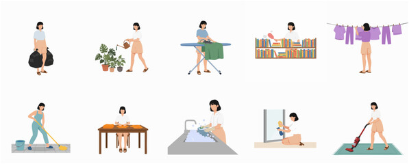 Flat Illustration Woman Doing Different Chores Around The House Activity Set © nada