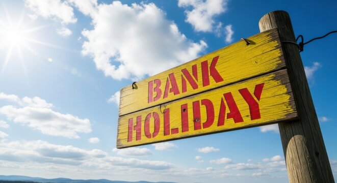 bank holiday sign on wooden post