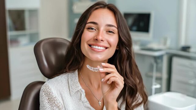 A woman smiling while holding an aligner in a dental clinic, the image focused on oral care and health