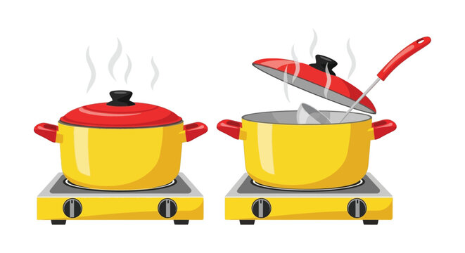 Two yellow pots with red lids and handles on electric stoves with steam rising