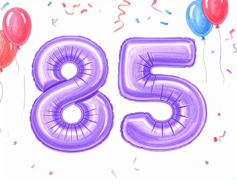 Pencil drawing of purple number 85 balloon. Sketch for birthday or anniversary party