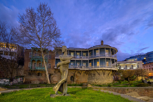 Sculpture of Georgian architect Shota Kavlashvili in front of the old city wall of Tbilisi, Georgia