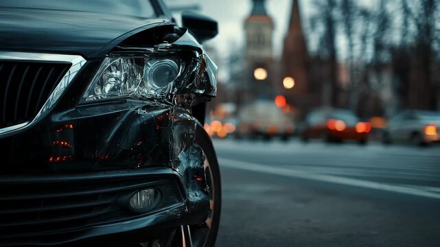 A damaged car after an accident on a city street. The front of the car is badly damaged, with broken headlights and a crumpled fender. In the background.