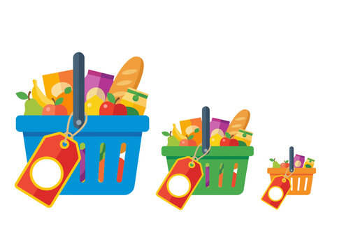 Three shopping baskets filled with groceries in decreasing sizes, representing inflation, shrinking product sizes, or rising costs.