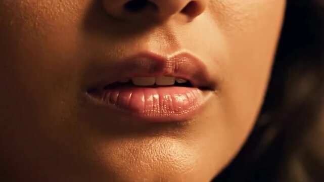 Close-up of a woman&rsquo;s mouth forming a small "O" shape in surprise, realization, or wonder.