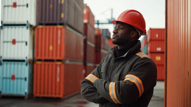 A black worker man in a hard hat stands confidently at a shipping yard surrounded by large cargo containers on a cloudy day