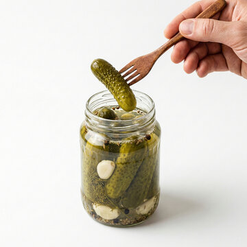 A hand using a small wooden fork to pick a crunchy green pickle from an open glass jar on white