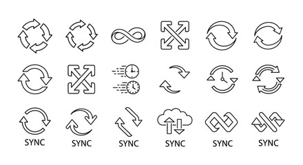 Fototapeta premium Sync, Refresh, Loop, and Expand Vector Line Icons Set - Digital Interface Symbols Collection