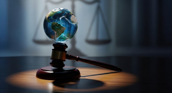 Global justice gavel with earth on table