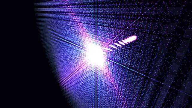 Heavy data mass descends and fractures into thousands of cyan and magenta shards across a massive server node grid. Visualizes database sharding, designed for AI and cloud infrastructure content.