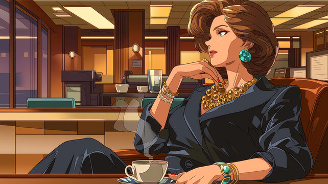 レトロな喫茶店の空間で自然な会話を楽しむ女性のイラスト、柔らかな雰囲気と温かみある店内表現が魅力のシーン、懐かしさと心地よさを感じる人物描写、日常や恋愛テーマの背景素材としても使える高品質ビジュアル