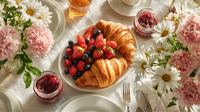 Mother's Day brunch table top view with golden croissants, fresh berries, jam. Pink carnations and daisies with dew. Cinematic soft morning light, warm atmosphere. Copy space on right for text/logo.