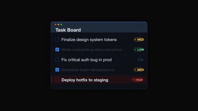 Task board application interface on dark background. Suitable for project management, work organization, productivity, task tracking concepts.