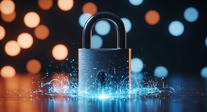 Digital security concept with a metallic padlock surrounded by glowing blue data lines and bokeh lights