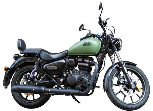 Royal Enfield Meteor 350 motorbike with a single-cylinder engine and a green fuel tank.Milan - Italy,03 April 2026