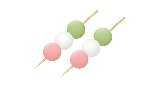 Vibrant illustration of traditional Japanese hanami dango skewers featuring delightful pink, white, and green sweet rice dumplings, perfect for culinary and cultural themes