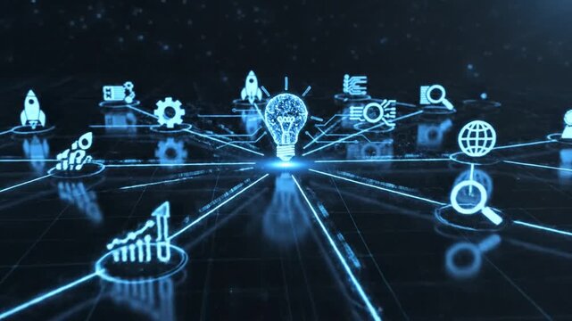 Abstract Digital Motion Graphic Animation Showcasing Glowing Blue Technology Icons for Creative Innovation and Smart Business Idea Concepts in High Quality 4K Resolution Background Video.