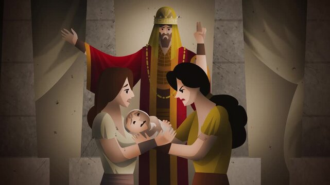 king solomon judging dispute between two women over baby in dramatic biblical courtroom scene