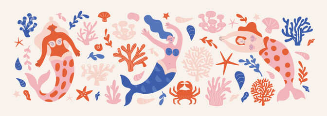 Fototapeta premium Funny mermaids characters on sea bottom with seaweed isolated set. Flat modern graphic design cartoon illustration. Simple underwater doodle concept, mermaid character, underwater fauna, flora.