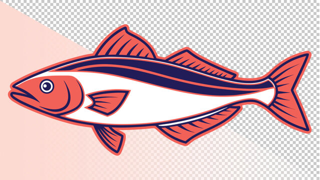 Stylized illustration of a cod or haddock fish with a white body and red outline, featuring dark stripes on its back, on a pink and grey background, sea life, silhouette fish