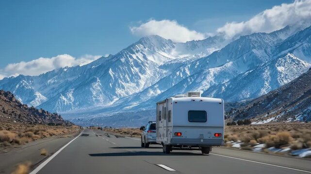 RV on a road with snowy mountain background during the day. This image captures the essence of travel and adventure