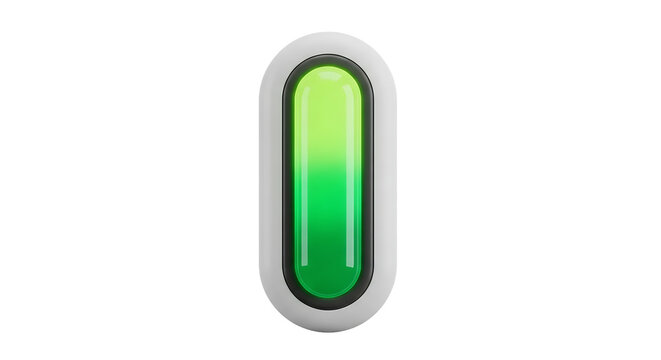 A sleek green button with a silver border is shown in a close-up view on a white background.