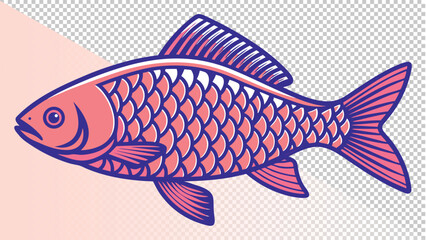 Fototapeta premium Stylized graphic of a pink fish with textured scales and purple accents with white background with fish icon with fish illustration with fish drawing with marine life