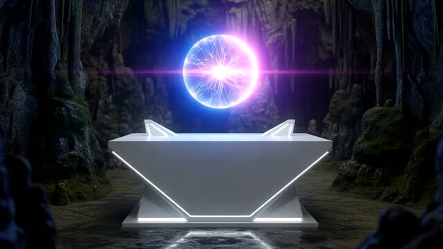 Mysterious glowing orb levitating above futuristic pedestal in dark cave.