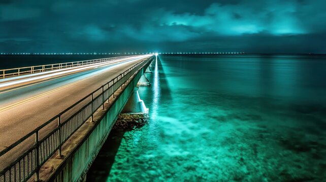 Atmospheric nightscape with road over glowing gulf