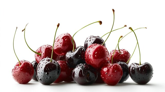 Fresh cherries with droplets of water arranged on a white background, showcasing a mix of red and black varieties, highlighting their glossy texture and vibrant colors