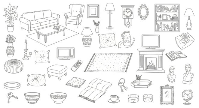 Collection of Hand-Drawn Interior Design Elements and Furniture Sketches.