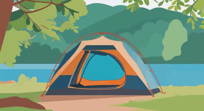 Camping tent set up by a lake with trees and mountains in the background during a sunny day