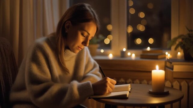 A young woman in a cozy white sweater sits at a wooden table writing in a journal by candlelight during a winter evening at home with warm bokeh lights in the window background.