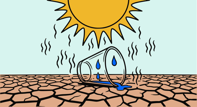 Vector illustration of an empty glass lying on dry cracked earth under a blazing sun. Perfect for drought, water scarcity, dehydration, extreme summer heat, and climate change concepts