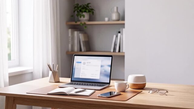 Modern home office desk for smart working with laptop, smartphone, notebook and coffee cup