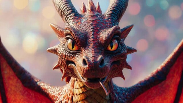 Close-up front view of a fantasy dragon head featuring intricate red, orange, and blue scales, large sharp horns, and golden slit-pupil eyes against a background of soft colorful bokeh lights.