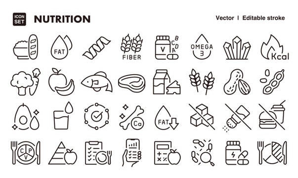 Nutrition and Healthy Eating Icon Set &ndash; Editable Line Style
