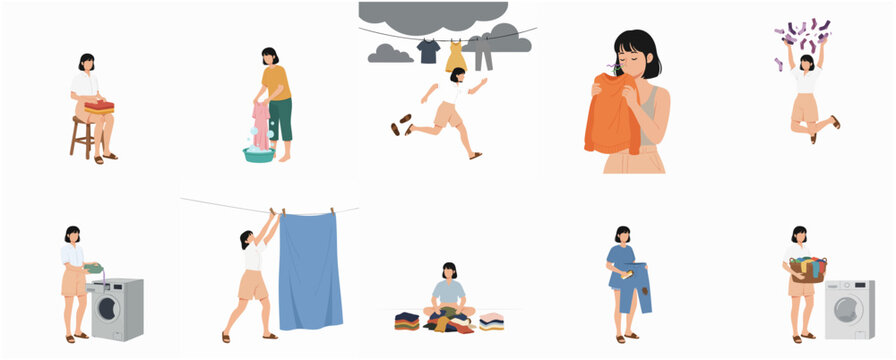Flat Illustration Set of Woman Doing Laundry and Housework Activities